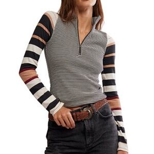Free People. NWT Avery Striped Quarter-Zip Long Sleeve Top Medium